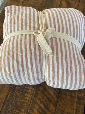 Quince European Linen Stripe Fitted Sheet ONLY, Queen (Terracotta/White)
